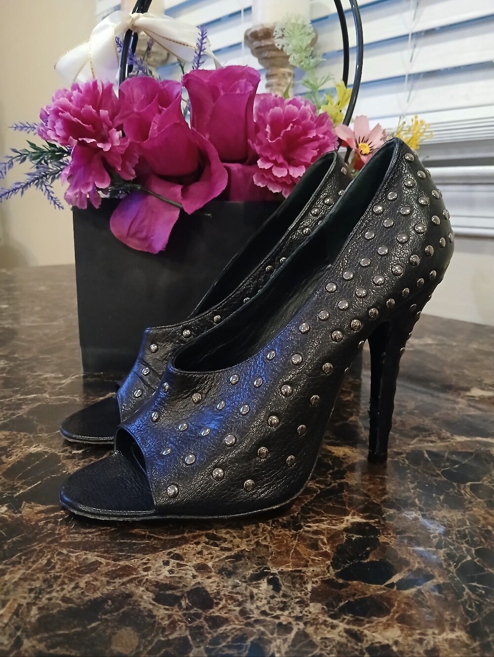Givenchy Black Studded Peep-Toe Stiletto Heels - Picture 3 of 10